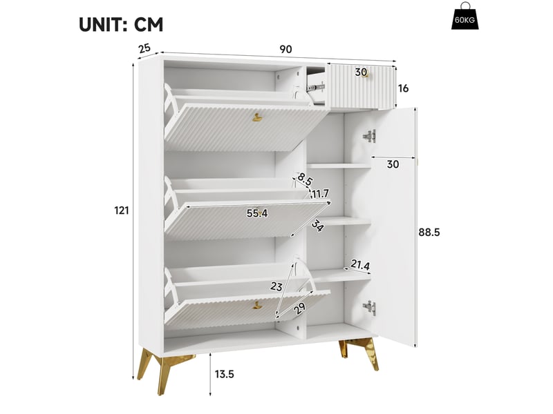  Meuble à chaussures blanc 90x25x121 cm avec 3 abattants, 1 tiroir et 1 porte  - Conforama E