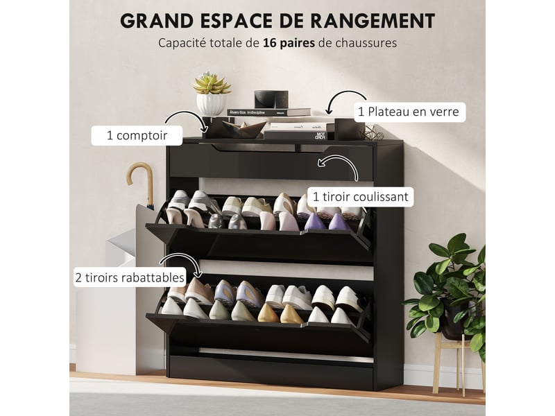  Armoire à chaussures, 2 tiroirs rabattables, 1 tiroir coulissant, 1 comptoir, 89x23x96cm, noir  - Conforama E