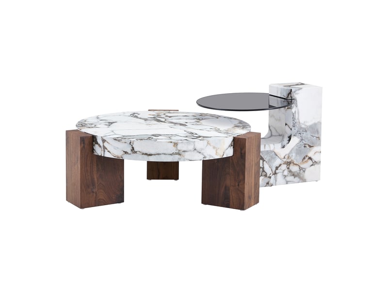  Table d’appoint ronde moderne à 2 niveaux, verre gris et mdf noir, effet marbre blanc, modulable  - Conforama A