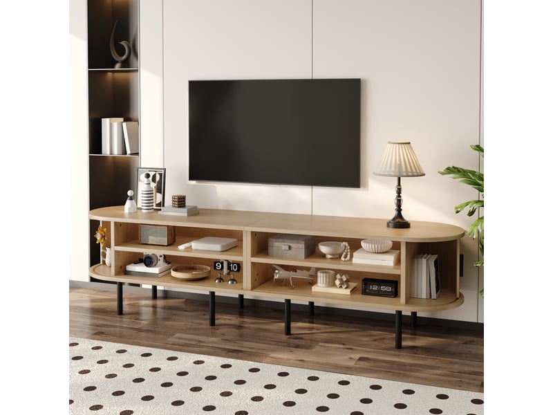 Meuble tv ovale 170x 40x46 cm avec 2 portes coulissantes, 2 compartiments ouverts, pieds en métal, mdf, natural evarich - Conforama D