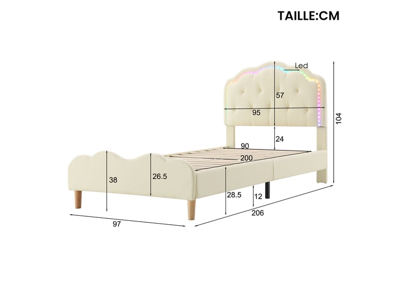  Lit enfant en pu beige, lit simple avec tête ondulée, led multicolores et lattes en bois, 90x200 cm, sans matelas  - Conforama D
