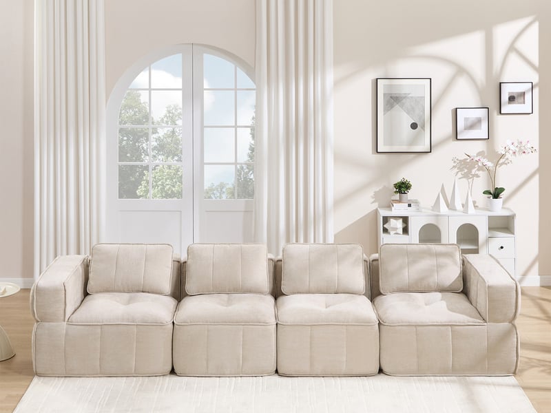  Canapé droit modulable 4 places en polyester beige, 344 cm  - Conforama B
