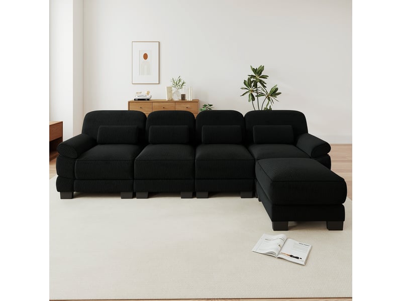  Canapé modulable 4 places modenvie en l avec pouf, assise profonde, velours côtelé noir, 336 x 161 x 94 cm  - Conforama D