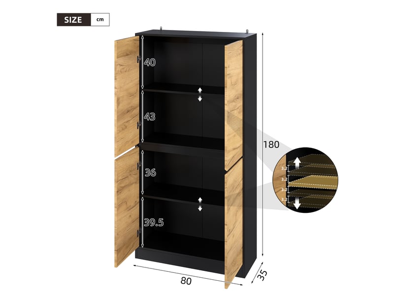  Armoire de rangement 80x35x180 cm, meuble de bureau effet chêne et noir avec étagères réglables, bibliothèque avec portes pour salon, bureau et entrée  - Conforama E