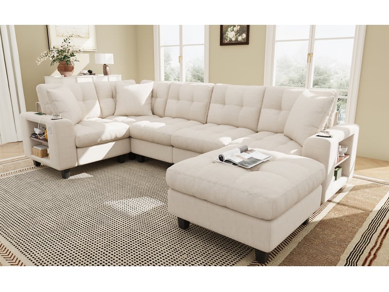 Canapé modulable 5 pl 216,5x216,5x83cm, canapé d'angle avec repose pides, rangement, confort pour salon, chenille beige  - Conforama B