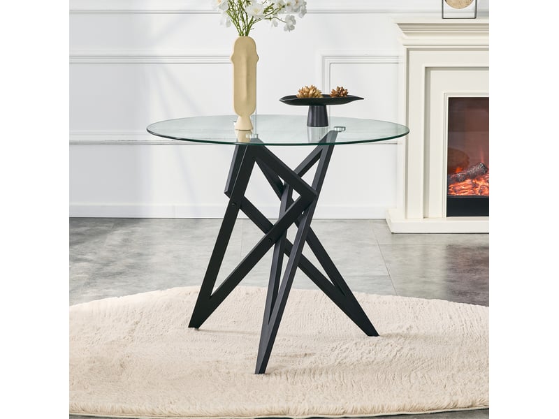  Table basse ronde 85x85x75,7 cm plateau en verre trempé structure géométrique métal noir  - Conforama C