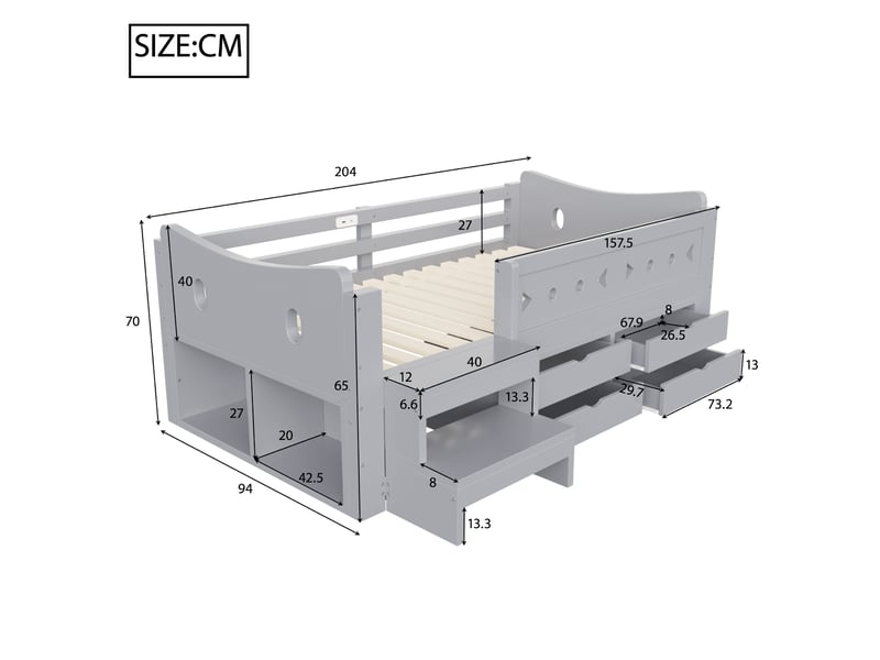 Lit enfant 90x200 cm gris avec 4 tiroirs, rangements, led, usb et type-c, avec barrières de sécurité, sans matelas - Conforama C
