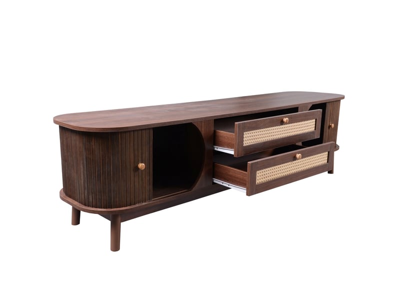  Meuble tv naturel en bois avec portes et tiroirs, solution de rangement style campagne meuble tv avec rangement  - Conforama A