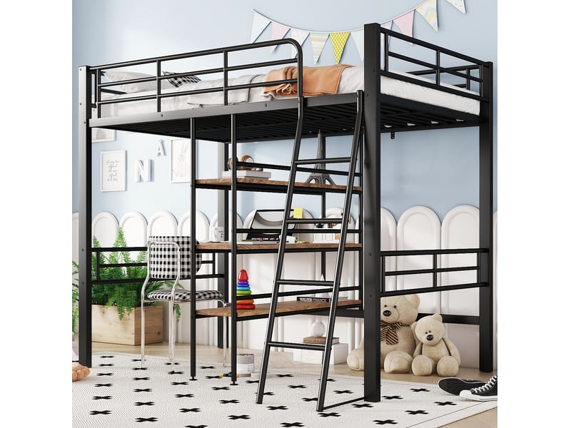  Lit mezzanine enfant noir 90 x 200 cm avec bureau, étagères, échelle et garde-corps  - Conforama C