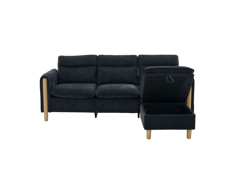Canapé 3 places style nordique en l avec pouf à rangement, pochettes latérales, pieds en bois, chenille noir - Conforama A