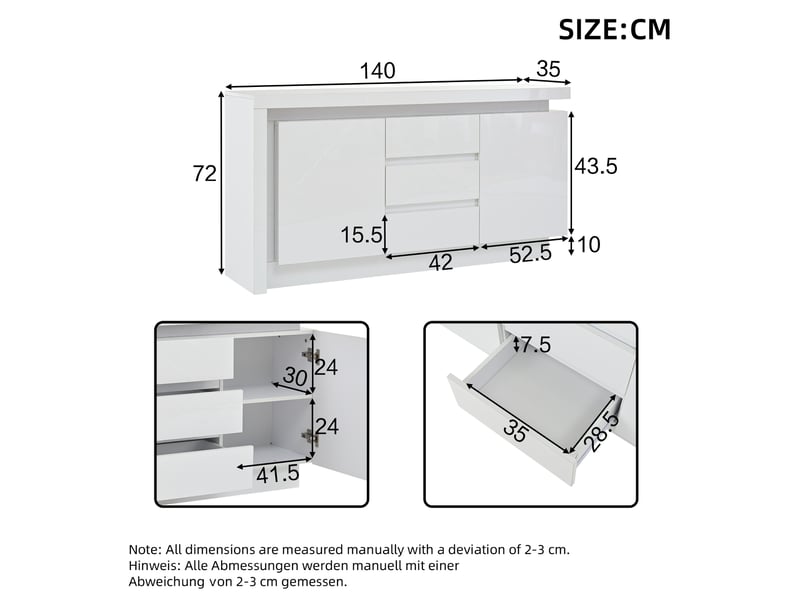  Buffet bas blanc 140 x 35 x 72 cm avec led, 2 portes, 3 tiroirs et étagères réglables  - Conforama E