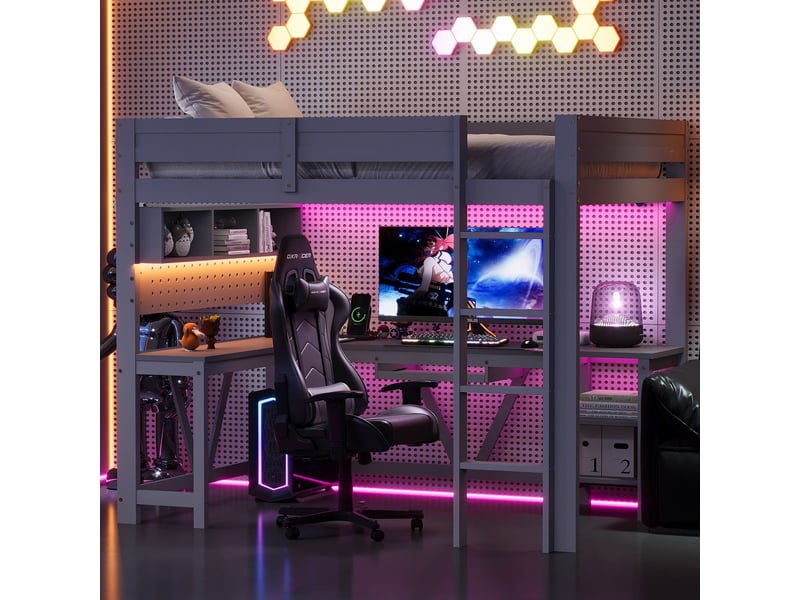  Lit mezzanine 90x200 cm bureau prise led - lit simple - lit gaming gris en bois avec étagères de rangement et station de charge  - Conforama B