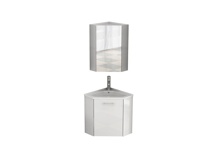  Meuble sous vasque d’angle avec lavabo et meuble miroir, charnières amorties pour salle de bain blanc brillant  - Conforama A