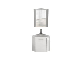 Meuble sous vasque d’angle avec lavabo et meuble miroir, charnières amorties pour salle de bain blanc brillant