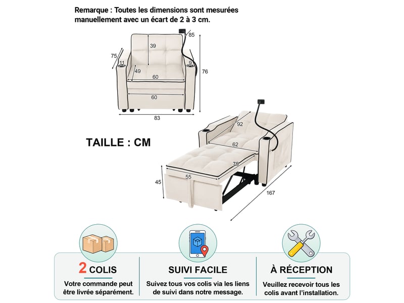  Fauteuil convertible 3-en-1 avec dossier réglable, porte-gobelets et support téléphone, en velours beige, 83 × 167 × 76 cm  - Conforama D