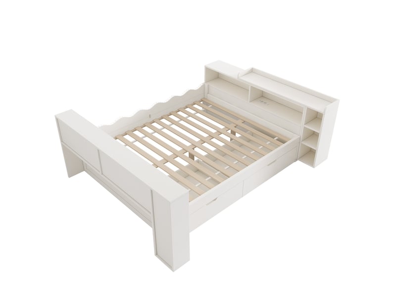 Lit avec rangement 140x190 cm blanc, 2 tiroirs, led, prises, niches et tablette coulissante Fay Lum - Conforama E