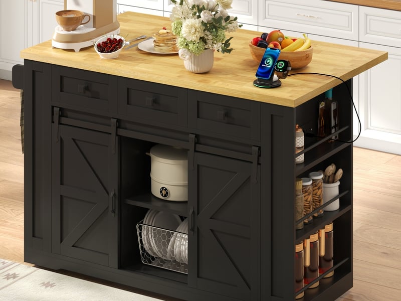  Îlot de cuisine mobile 130 x 50-80 x 87 cm, plateau rabattable, prises, 3 tiroirs et portes coulissantes, noir  - Conforama B