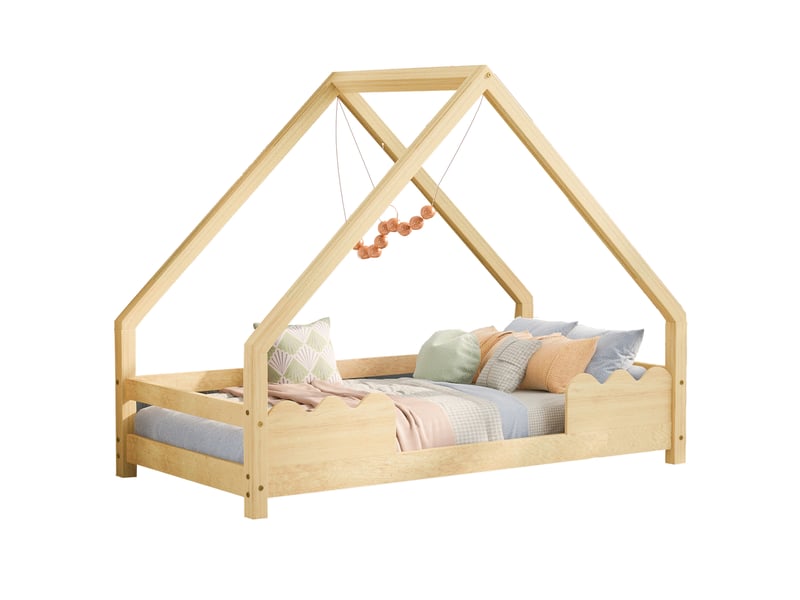  Lit cabane enfant 90x200 cm, bois naturel, protection antichute, sommier, lit simple, sans matelas  - Conforama A