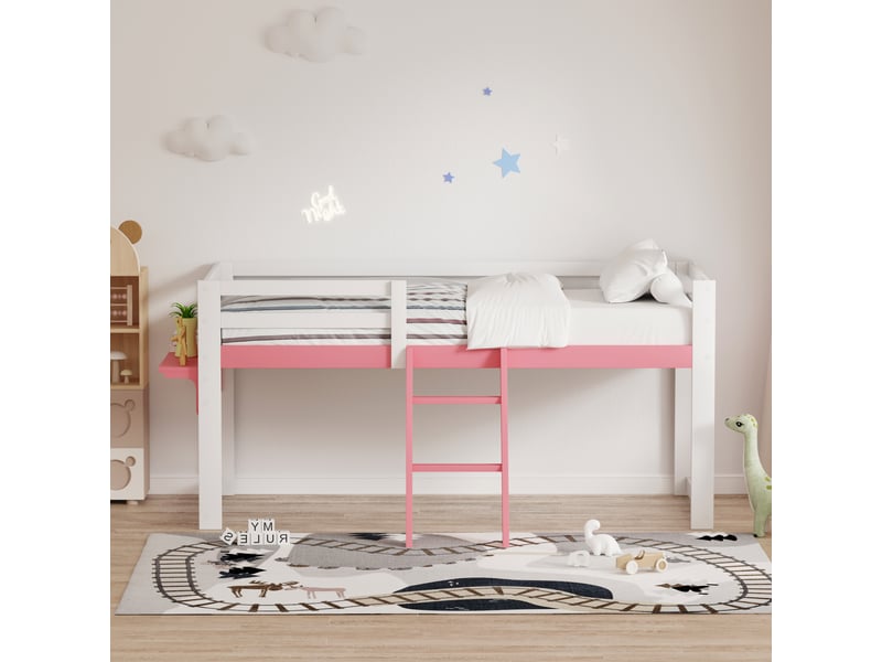  Lit mezzanine 90x200 cm, structure en pin massif, coloris rose, échelle fixe, garde-corps, sommier à lattes inclus, sans sommier tapissier  - Conforama E