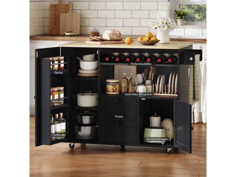  Îlot de cuisine mobile avec plateau de travail rabattable, rangement et roulettes verrouillables, noir et bois clair  - Conforama D