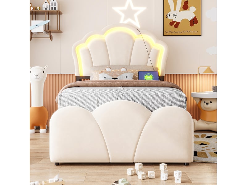  Lit coffre modenvie 90 x 200 cm led, prises intégrées, rangements, velours beige  - Conforama D