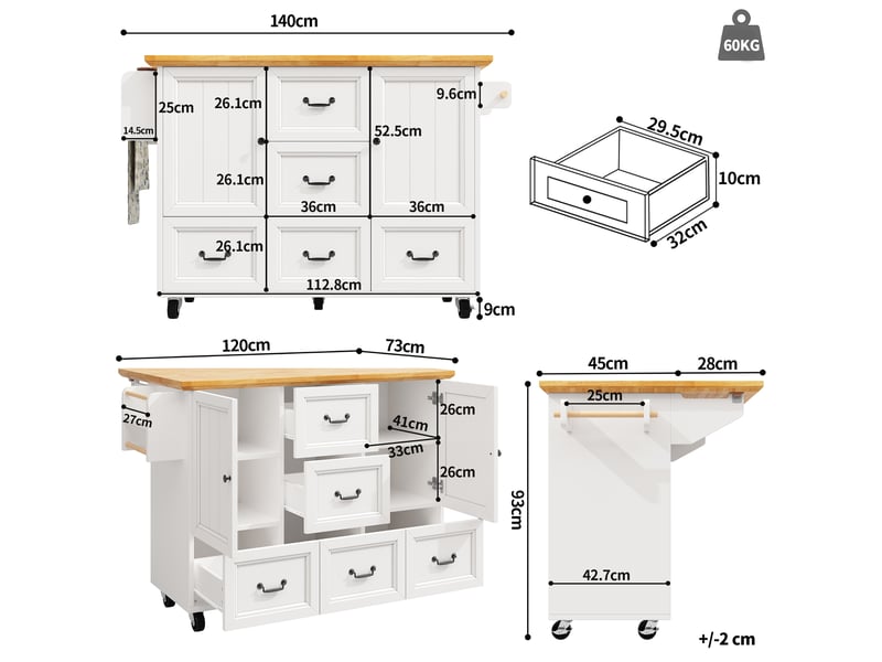 Îlot de cuisine mobile 120x4573x93 cm avec 5 tiroirs, 2 portes, blanc - Conforama C