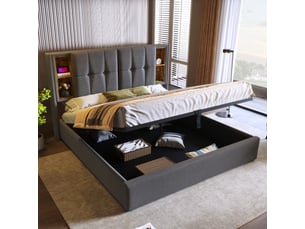 Lit coffre 180 × 200 cm 2 places avec rangement, recharge sans fil, 2 usb et port type c, sans matelas, gris