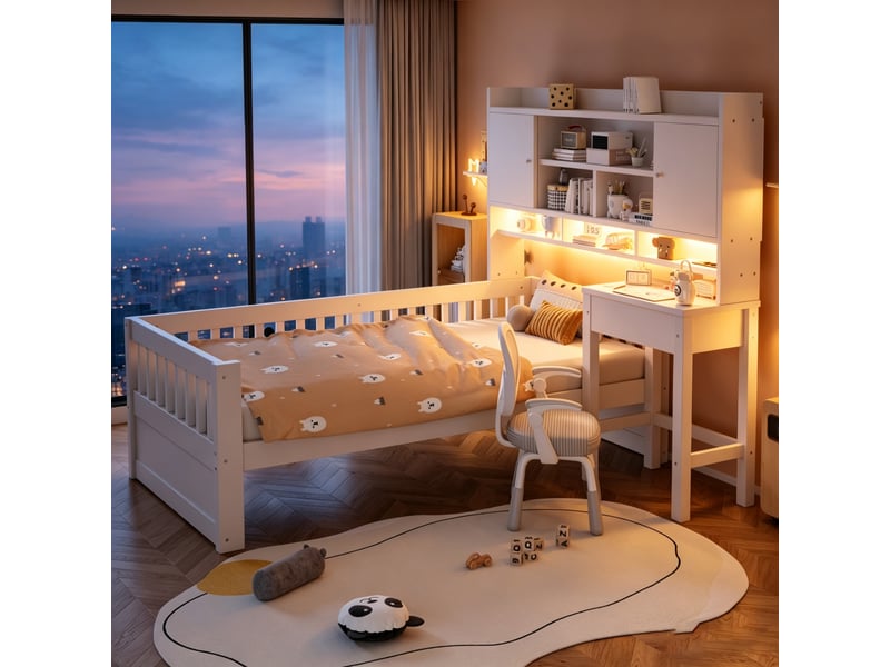  Lit enfant multifonction 90x200 cm avec bureau, tiroirs, rangements, led et prise, lit simple en bois avec barrière de sécurité, sommier, blanc OPULERANE TRADING LTD - Conforama B
