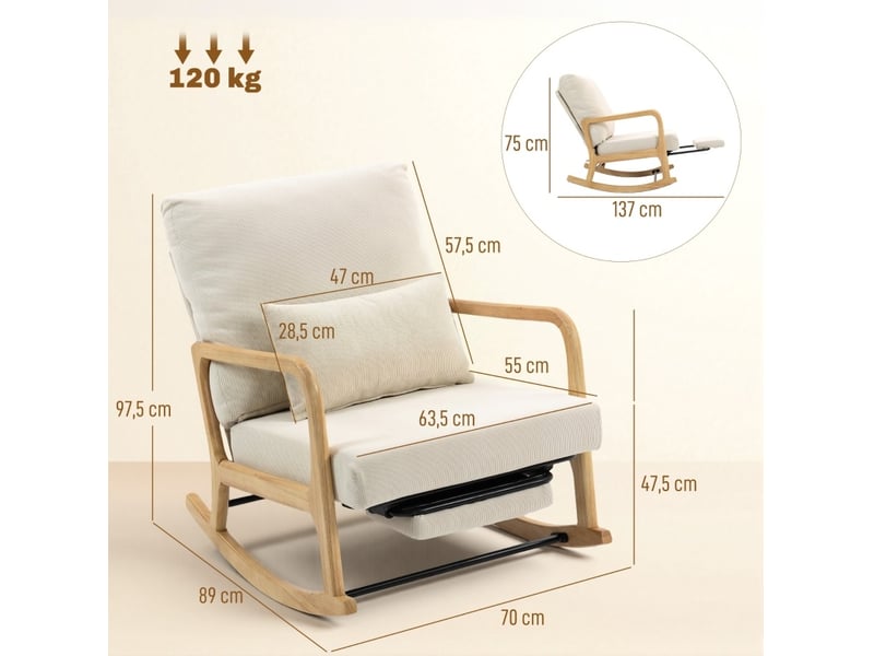  Fauteuil à bascule modenvie relax inclinable 3 positions avec repose-pieds intégré en velours côtelé crème 70 x 89 x 97,5 cm  - Conforama C