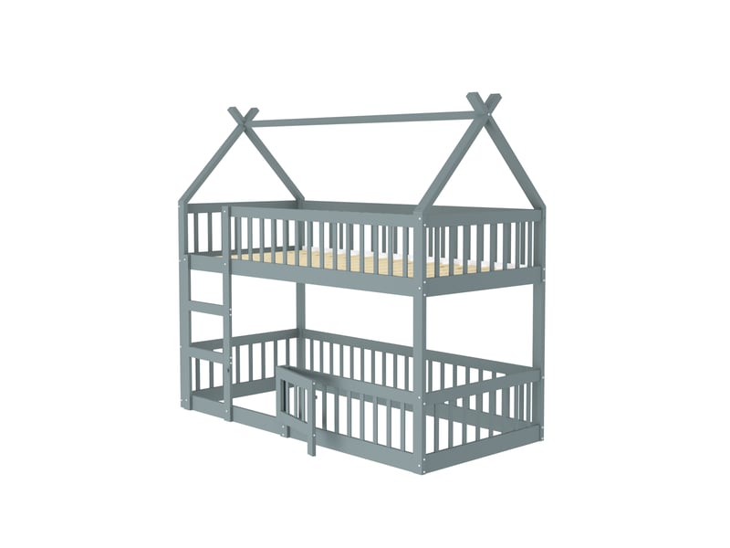  Lit mezzanine enfant 90 x 200 cm avec escalier, structure en bois gris, modulable  - Conforama A