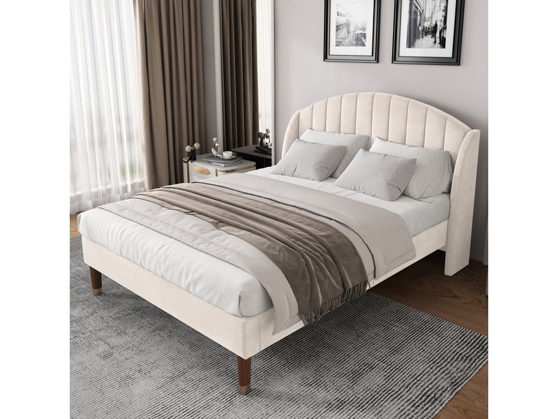  Lit 140x190 cm - lit double 140x190 cm , tête de lit arquée capitonnée et pieds coniques sommier inclus - en lin beige  - Conforama C