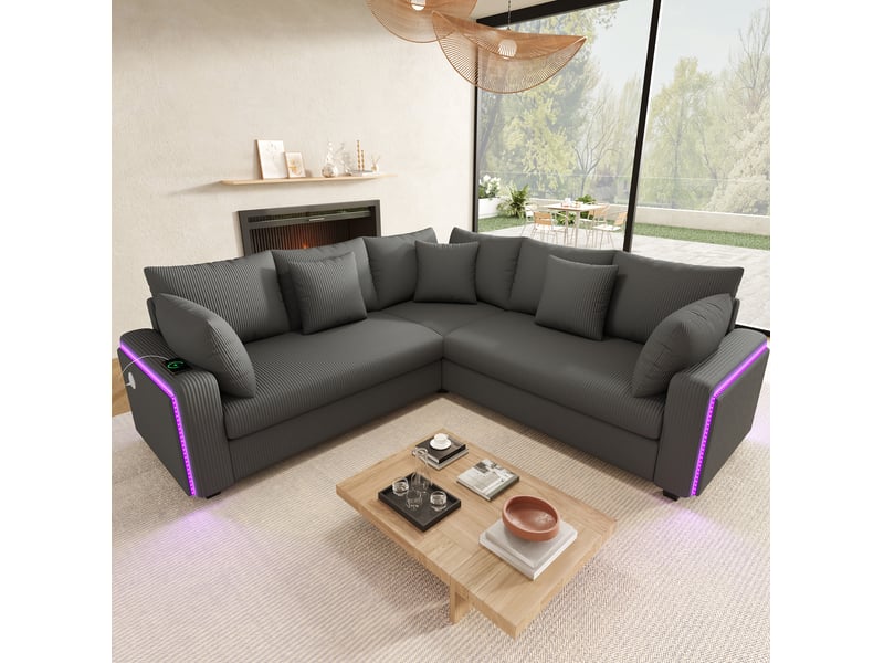  Canapé d’angle 5 places 198x198x83 cm led et ports usbusb-c bois gris  - Conforama C