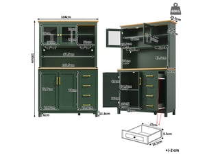Buffet de cuisine vert, 105,5x40x180 cm, mdf et métal, 4 portes, led réglable et rangements de porte, style campagne