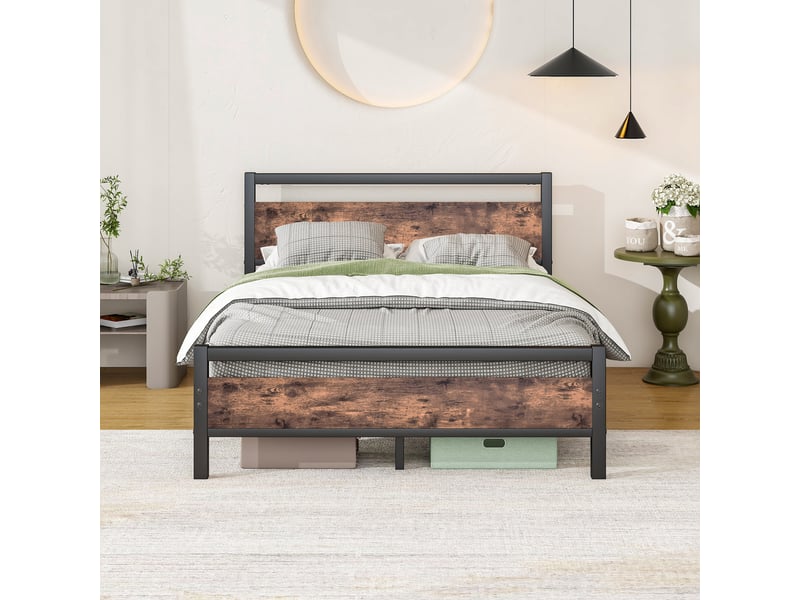  Cadre de lit, lit double 140x190 cm, rangement intégré, métal et bois brun antique, sommier à lattes  - Conforama C