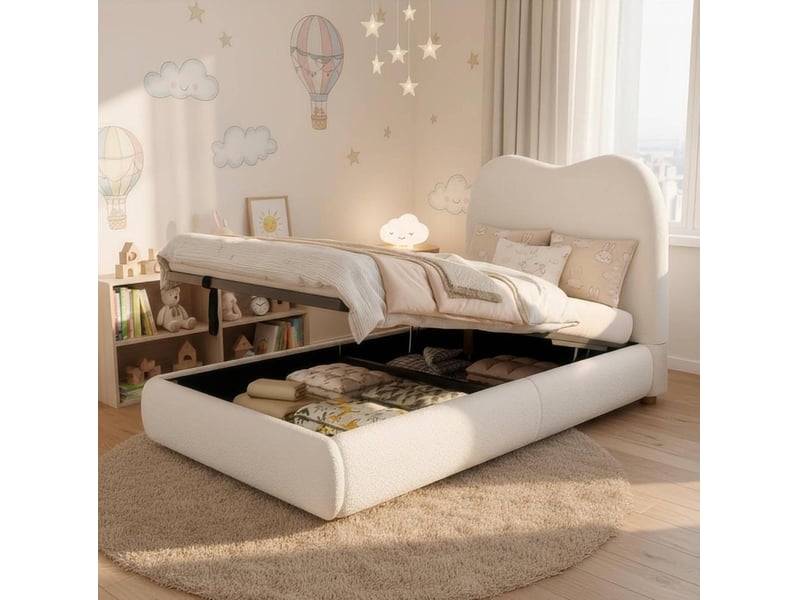  Lit enfant coffre hydraulique 90x200 cm bouclé beige avec sommier  - Conforama B