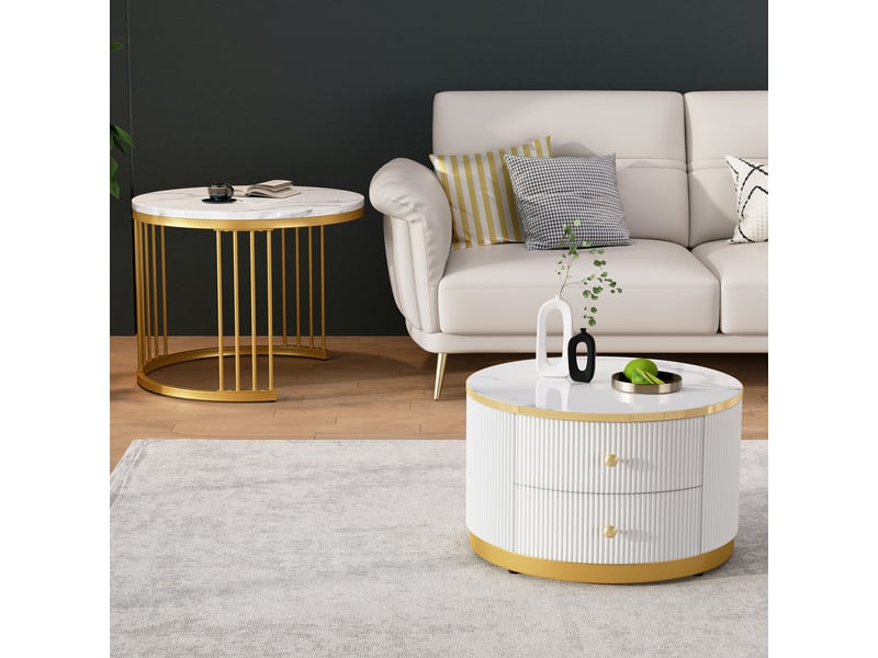  Lot de 2 tables basses rondes gigognes avec 2 tiroirs de rangement - effet marbre brillant  - Conforama C