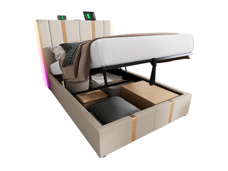  Lit simple 90x200 cm avec rangement, led et usb type-c, revêtement en lin beige avec matelas  - Conforama A