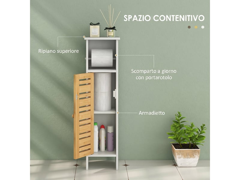 Meuble de salle de bains étroit blanc avec porte en bambou, 21 x 17 x 78 cm  - Conforama R