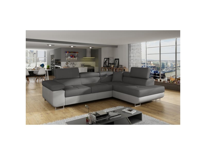  Canapé d'angle convertible menton gris et blanc – angle droit avec coffre  - Conforama B