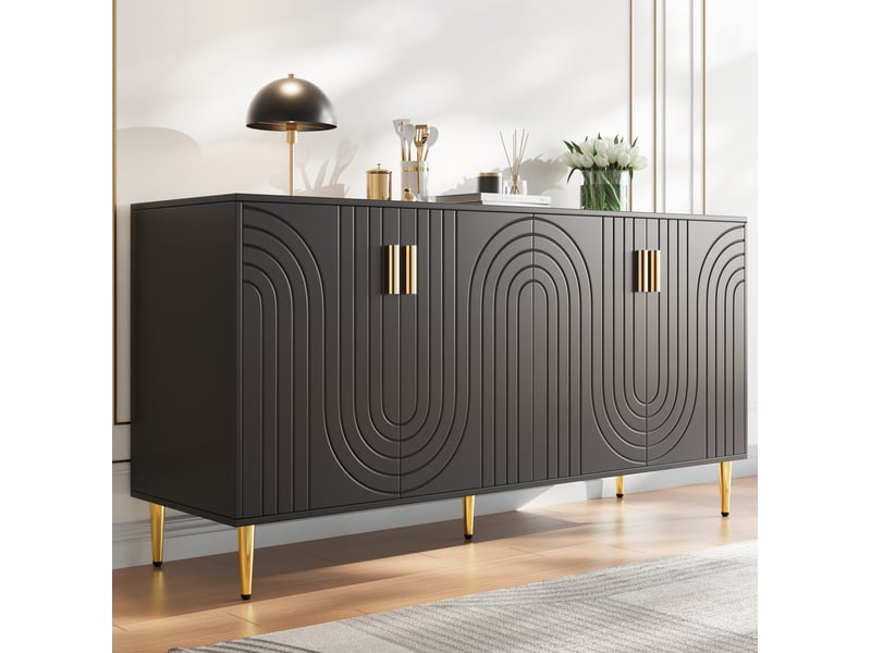  Buffet 4 portes noir 152 x 40 x 75 cm en mdf avec poignées et pieds dorés  - Conforama B