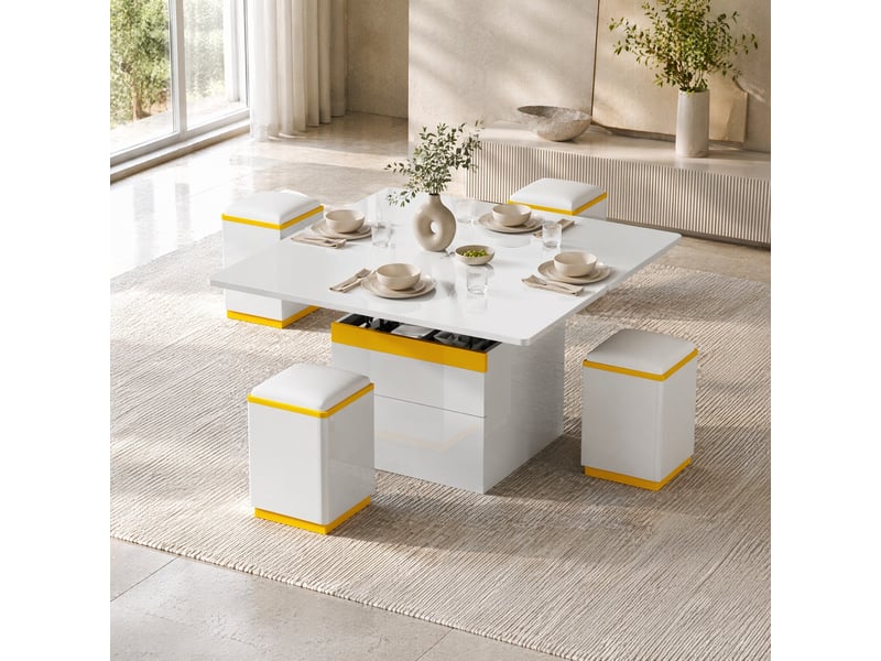  Table basse relevable et extensible avec 4 tabourets de rangement – blanc et jaune – 100 x 50 x 43 cm  - Conforama B