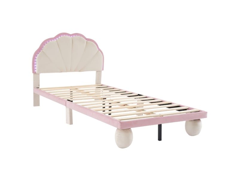 Lit enfant capitonné avec bande lumineuse led multicolore à couleurs changeantes, tête de lit à motif ondulé, pieds ronds capitonnés, sommier à lattes en bois, lit simple, velours, beige et rose, 90 x 200 cm - Conforama E