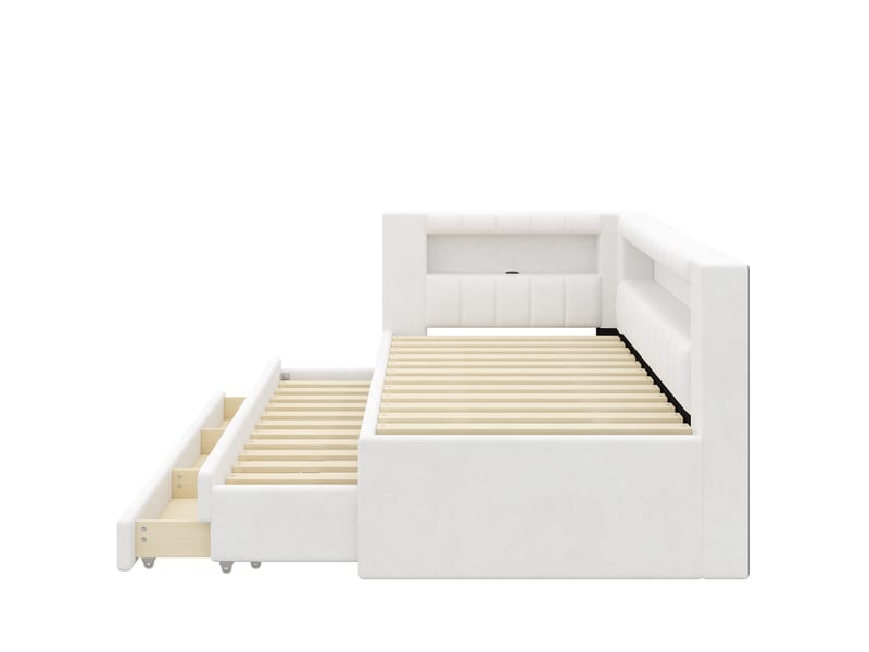  Lit gigogne extensible 90/180x200 cm avec bureau, led 7 couleurs, ports usb, tissu lin rose, sans matelas  - Conforama D
