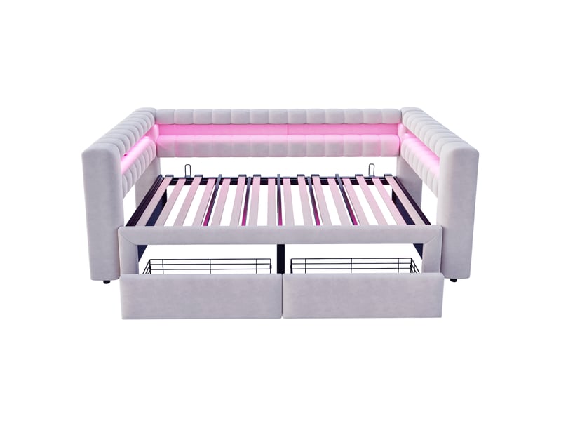  Lit gigogne 90x190 cm - banquette convertible 180x190 cm - 2 tiroirs - led usb-c - gris  - Conforama W