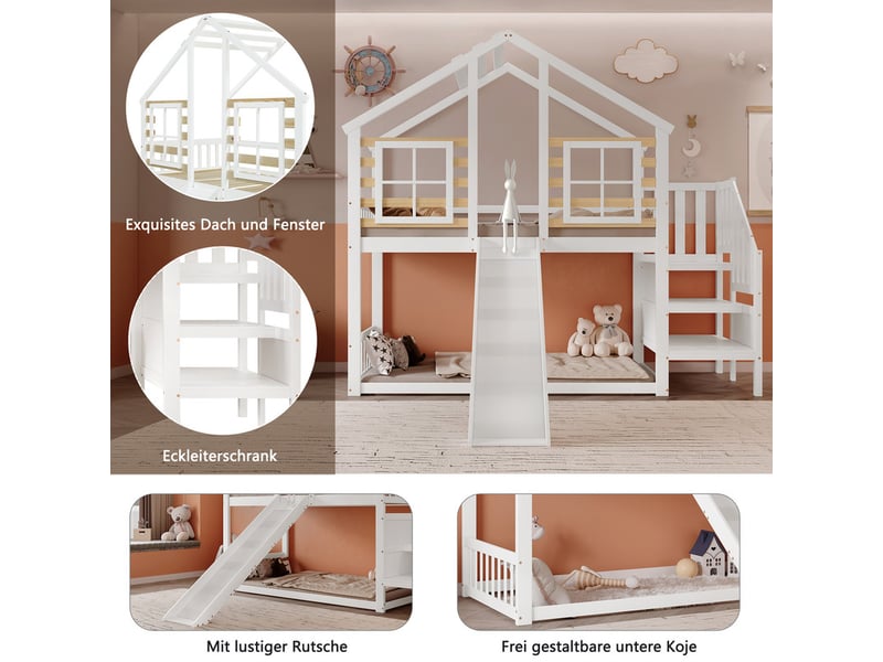 Lit mezzanine,90x200 cm,design maison,avec toboggan,barrière,bois massif et mdf,blanc et naturel - Conforama E