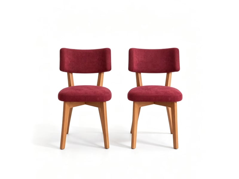 Lot de 2 chaises de salle à manger mid-century bordeaux en lin, pieds en bois massif - Conforama A
