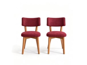 Lot de 2 chaises de salle à manger mid-century bordeaux en lin, pieds en bois massif