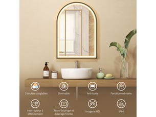 Miroir salle de bain avec éclairage 50 x 70 cm, miroir led arqué, anti-buée, 3 couleurs lumière, mémoire, dimmable, noir