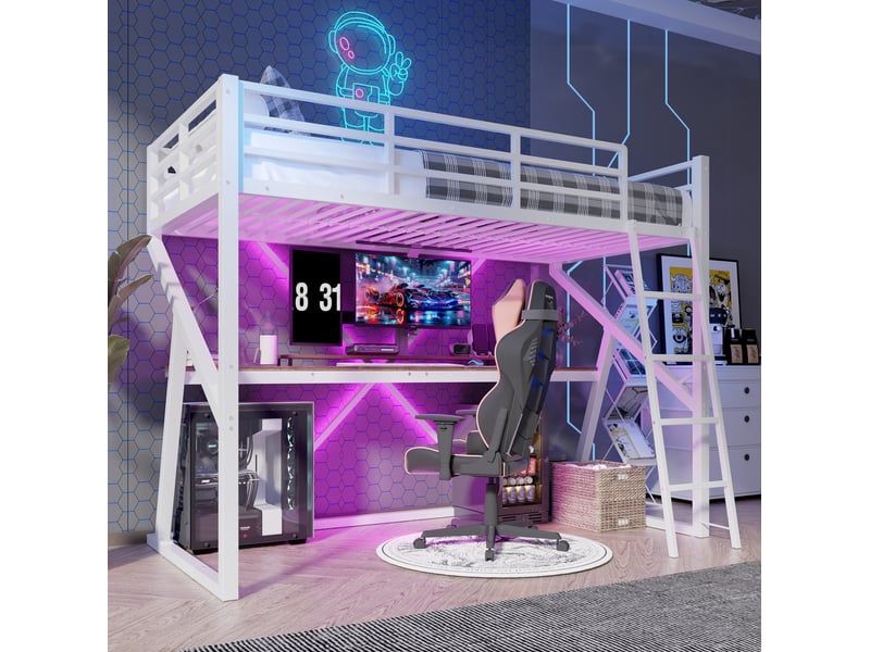  Lit mezzanine enfant 90 x 200 cm bureau intégré led multicolore garde-corps échelle métal et mdf blanc sans matelas  - Conforama W