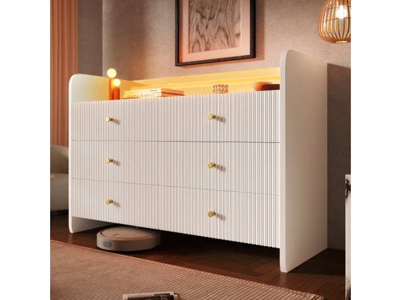  Buffet, commode avec éclairage led et 6 tiroirs design rainuré ondulé, armoire polyvalente pour salon et chambre,120x40x75cm,blanc  - Conforama B